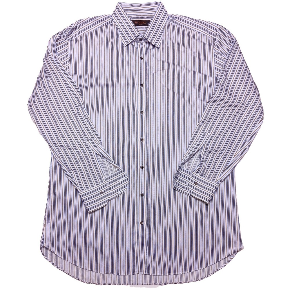 ETRO Long Sleeve Button Shirt Blue Gold Striped XL 46 Long